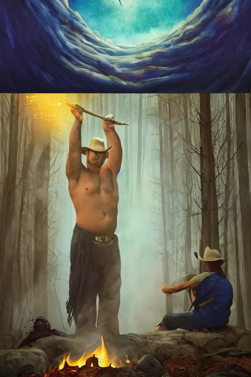 Prompt: a dramatic, epic, ethereal tarot painting of a handsome shirtless cowboy with a chunky build and belly | background is a serene campfire | cans of beans and jugs of whisky | tarot card, art deco, art nouveau | by Mark Maggiori | trending on artstation