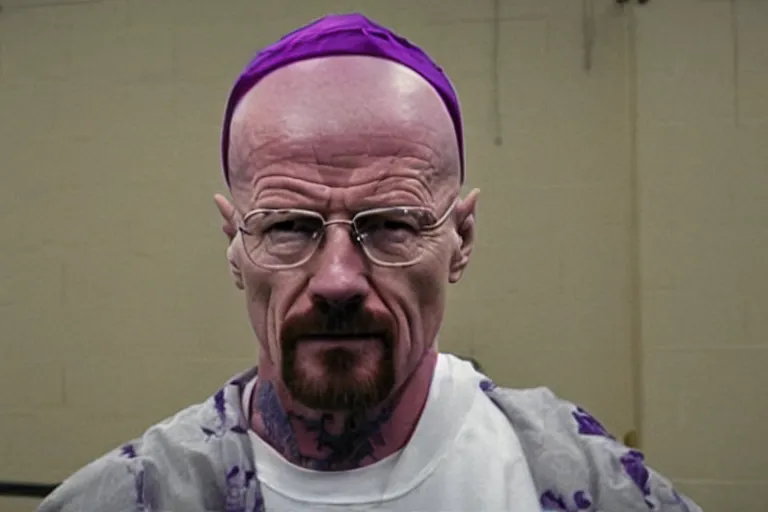 Image similar to walter white as a white gang member wearing a purple head covering made from a polyester or nylon material and a stained white tank top beating up a rival gang member in the prison yard, arms covered in gang tattoo, paparazzi, leaked footage, uncomfortable, bad quality