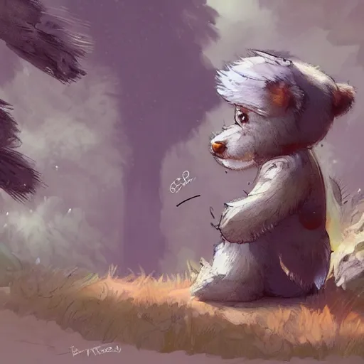 Prompt: smudge the bear,detailed, cute,fuzzy,by rossdraws and greg rutkowski,wearing cave man clothes, concept art,