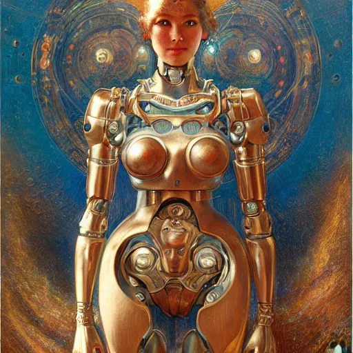 Image similar to highly detailed portrait of an humanoid robotic dmt mecha, painting by gaston bussiere, craig mullins, j. c. leyendecker, lights, art by ernst haeckel, john william godward, hammershøi, alex grey