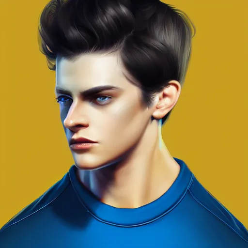 Image similar to ultra realistic illustration, a young man with black hair, in a yellow t - shirt, with blue eyes, highly detailed, digital painting, artstation, concept art, smooth, sharp focus, illustration