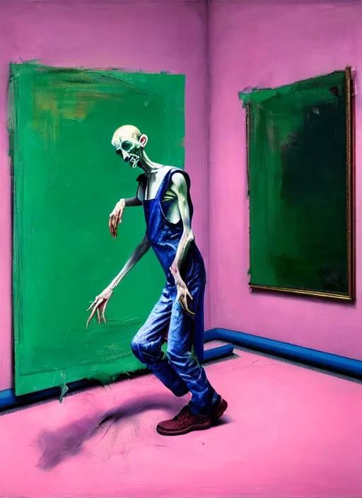 Image similar to an insane, skinny, artist wearing overalls, expressive painting the walls inside a grand messy studio, hauntingly surreal, highly detailed painting by francis bacon, edward hopper, adrian ghenie, glenn brown, and james jean, soft light 4 k in pink, green and blue colour palette, cinematic composition,