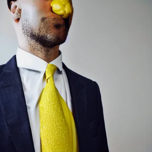 Prompt: a lemon wearing a suit