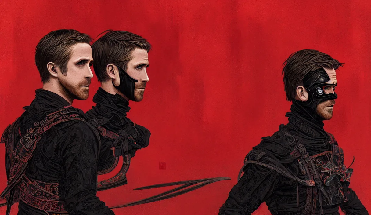 Image similar to portrait ninja ryan gosling, black red color ninja wardrobe, in ruined yasukuni shrine, sci - fi and fantasy, intricate and beautiful and elegant, digital painting, artstation, concept art, smooth and sharp focus, illustration, art by tian zi and wlop and alphonse mucha