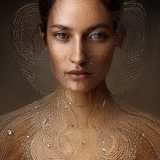 Image similar to full shot of a regal brown woman wearing an intricate and detailed armor made of thousands of dew drops. refracted light. reflections. morning dew.. delicate. translucent. no makeup!! haunting eyes. vulnerable. fragile. ethereal. refracted light. by louise dahl - wolfe. by michal karcz. octane render