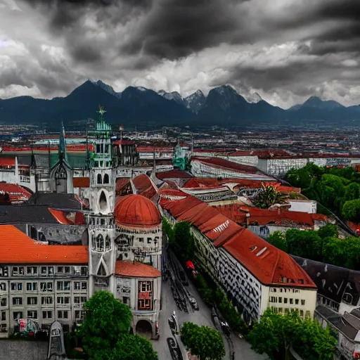 Prompt: munich against a background of mountains with heavy clouds cinematic still 4 k