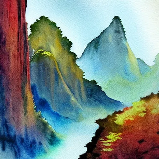 Image similar to beautiful lush natural scene on another planets majestic imposing cliffs. different than earth but beautiful. lightfall. beautiful detailed artistic watercolor. trending on artstation and deviantart.