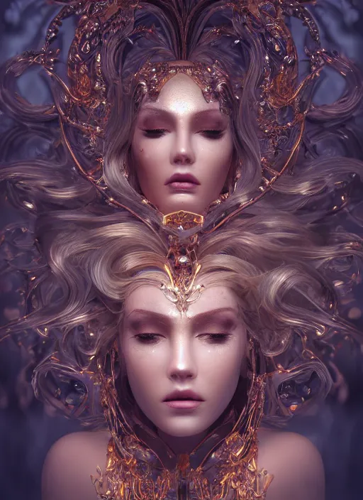 Image similar to beauteous practical sumptuous tattood beautiful face, crystal, gold, copper, bronze biomechanical with incredible iridescent pearlescent voluminous neon hair, crystalline masterpiece incrustations, hyperdetailed face, elegant pose, movie still, intricate, octane render, cinematic forest lighting, unreal engine, crepuscular rays, god rays