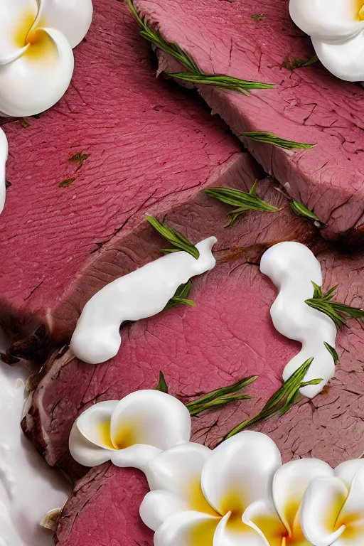 Image similar to ultra realistic illustration, portrait of sliced roast beef covered in white yogurt, plumeria tropical bouquet background, close up shot, fantasy, intricate, elegant, highly detailed, digital painting, artstation, concept art, smooth, sharp focus, illustration, surrealism