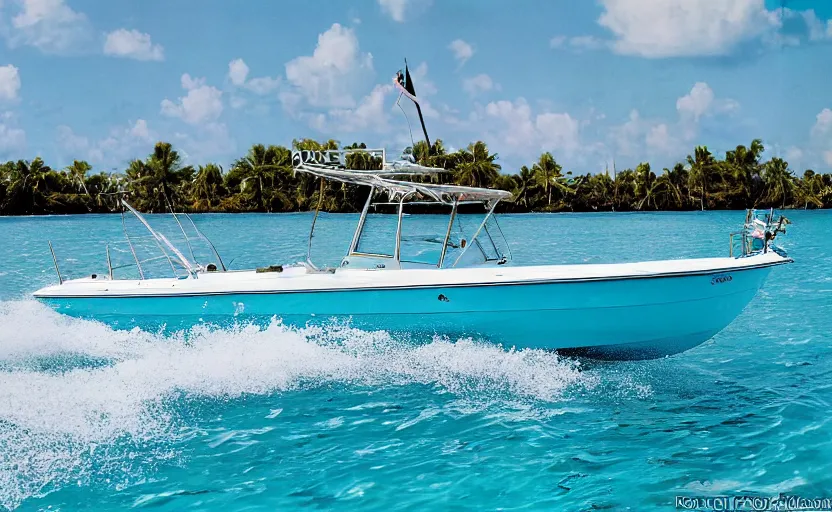 Image similar to photorealistic picture of a scarab 3 8 kv boat driving in turquoise water. miami. 8 0's style