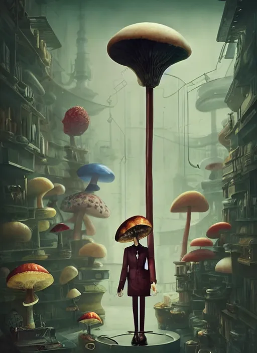 Image similar to a lively and whimsical dark apothecary, cinematic framing, where chrome robots shop grows from the stalk of a giant mushroom, cgsociety, siggraph, dystopian scifi, concept art, set design, oleg oprisco, conrad roset, anka zhuravleva, gediminas pranckevicius, cornell, kawasaki