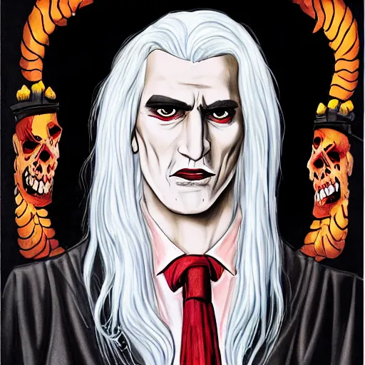 Image similar to Full picture of a white hair dracula wearing Dr. Martens shoes