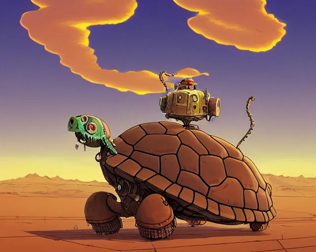 Image similar to a cell shaded cartoon giant lovecraftian mechanized turtle from howl's moving castle ( 2 0 0 4 ), with a big head, on a desert road, full body, illustration, wide shot, golden hour, post grunge, concept art by josan gonzales, wlop, by james jean, victor ngai, hq, deviantart, art by artgem