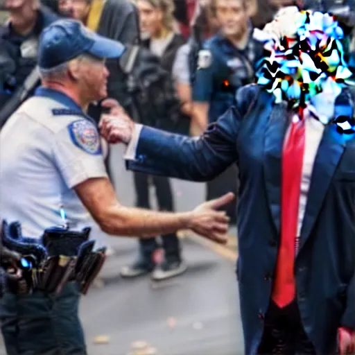 Prompt: donald trump handing a can of pepsi to a police officer during a riot