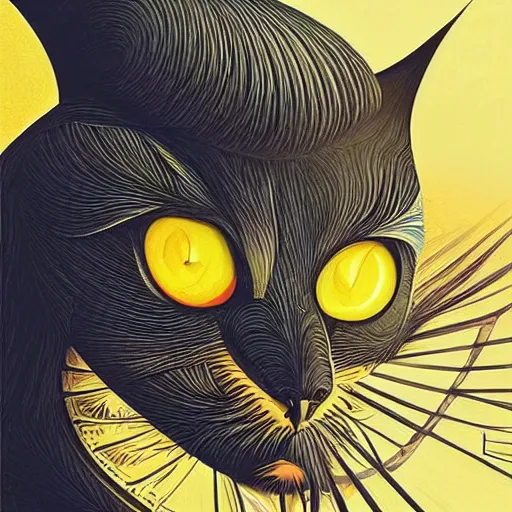 Image similar to a simple crow-like cat painting by Android Jones and M. C. Escher collaboration, futurist, digital art, dramatic lighting