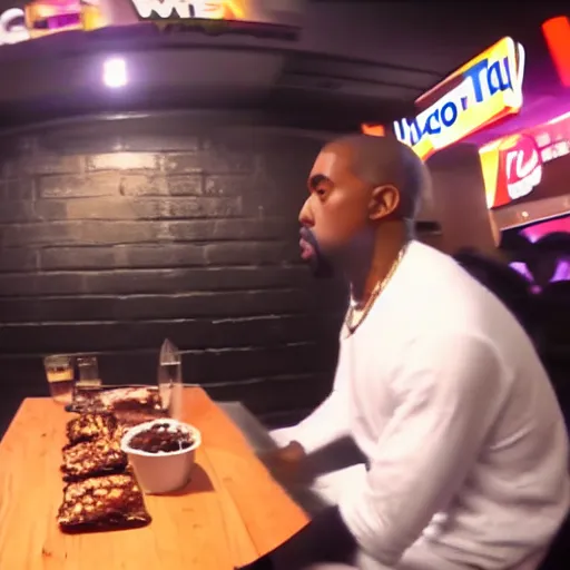 Image similar to blurry, gopro footage of kanye west eating at taco bell, cinematic, volumetric lighting, night, rain