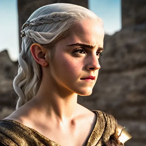 Image similar to Emma Watson as Daenerys Targaryen, XF IQ4, f/1.4, ISO 200, 1/160s, 8K, Sense of Depth, color and contrast corrected, Nvidia AI, Dolby Vision, in-frame