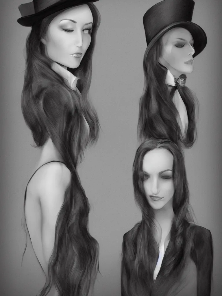 Image similar to elegant long hair lady wearing gentleman suit and tophat portrait photorealism noir