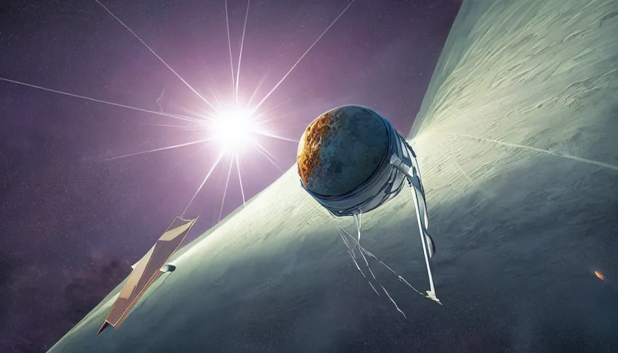 Prompt: solar sail between earth and sun, seen from space, simon stalenhag