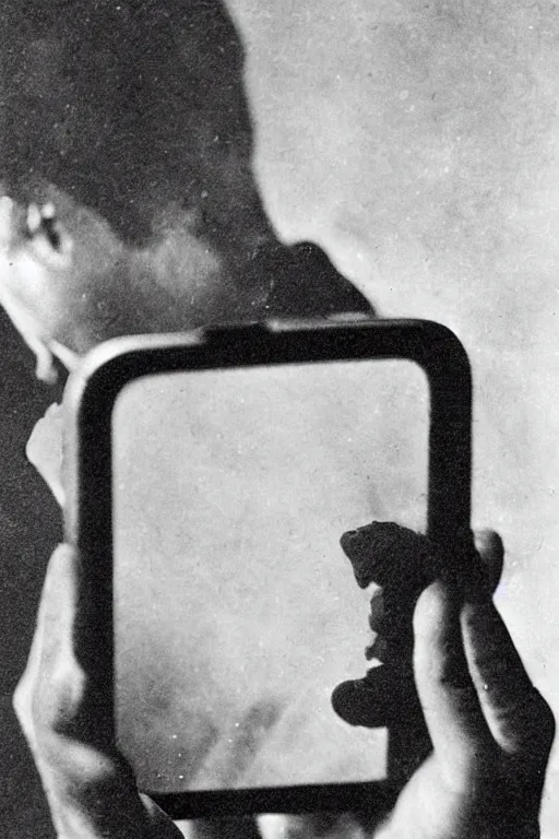 Prompt: 1 9 0 0 s photo of a person looking at an iphone photo grain double exposure masterpiece