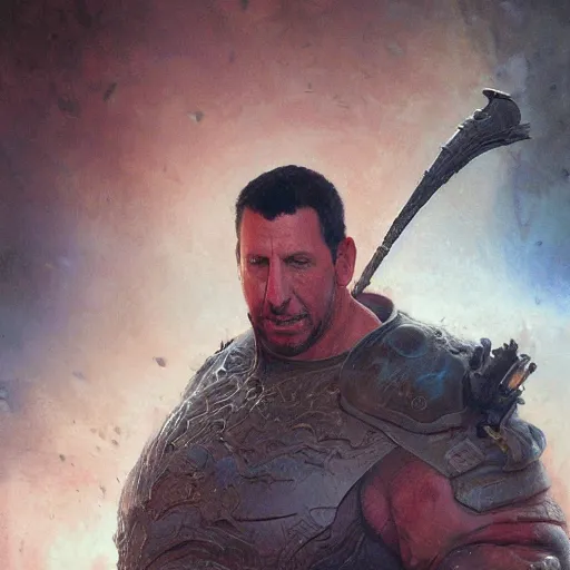 Image similar to portait of a adam sandler swinging his long sword, front game card, drark, marvel comics, dark, intricate, highly detailed, smooth, artstation, digital illustration by ruan jia and mandy jurgens and artgerm and wayne barlowe and greg rutkowski and zdislav beksinski