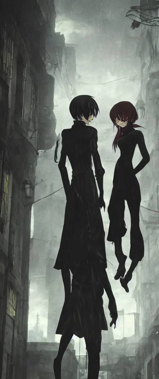 Image similar to lelouch lamperouge and asuka langley holding hands in dishonored town, dunwall city, redshift render, cinematic lighting, rainy weather, melancholy atmosphere, dunwall city, volumetric light, octane render, dishonored game, dishonored 1, gothic architecture, realistic reflections