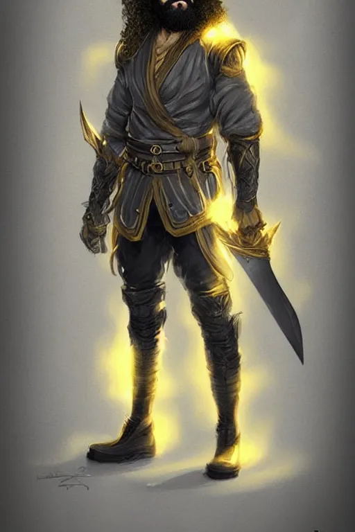 Prompt: Arab man light beard, curly hair, swordsman, modern, hero, yellow and charcoal leather, character concept art, costume design, trending on artstation, Artgerm , WLOP