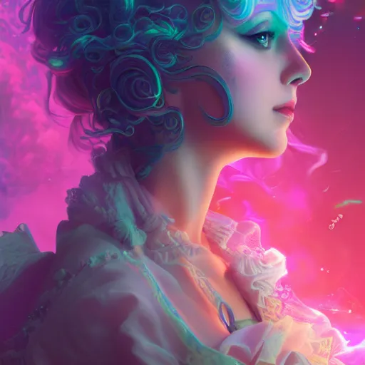 Prompt: Beautiful rococo victorian princess, cyberpunk vapor wave glitch wave art, 4k digital illustration by artgerm, wlop, medium close up shot, artstation, 8k resolution, soft focus