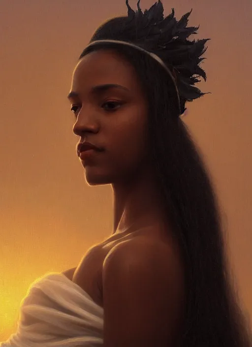 Prompt: oil painting close up portrait of a contemplative young black woman with long dark flowing hair in a white dress, wearing a crown of lilies of the valley at sunset, hazy, digital art, chiaroscuro, artstation, cinematic, golden hour, digital art painting by greg rutkowski, william - adolphe bouguereau, hazy atmosphere, cinematic lighting