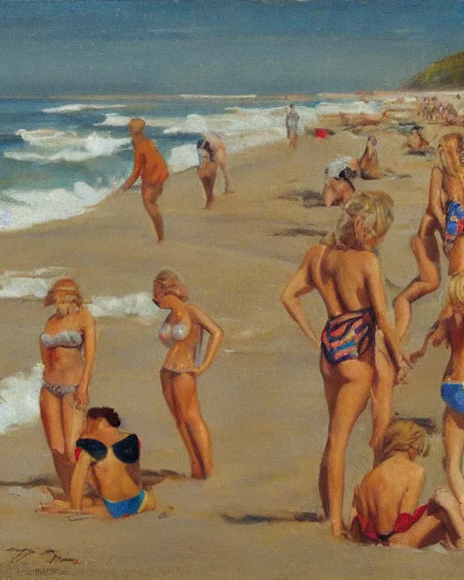 Prompt: a crowd of blonde women, beach