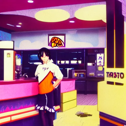 Image similar to A retro anime person working at a tacobell in the 80s with vhs filter