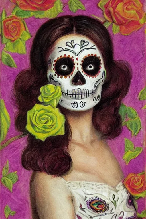 Image similar to illustration of a sugar skull day of the dead girl, art by dod procter