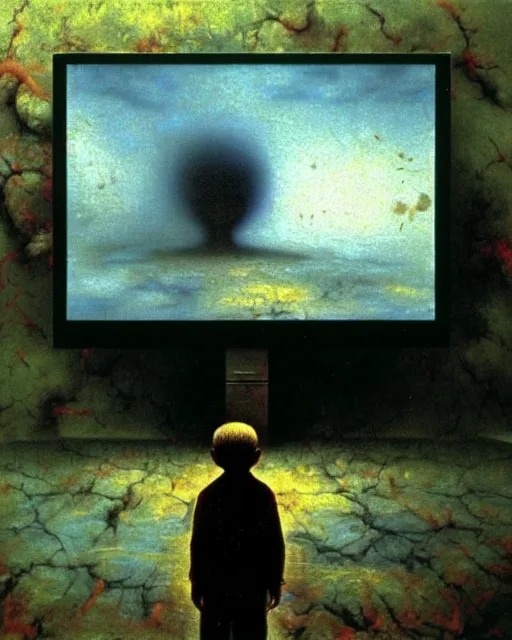 Image similar to 8k professional photo of an 8 years old enlightened and scared boy standing in front of a computer from 90s with a game doom2 at the monitor screen, Beksinski impasto painting, part by Adrian Ghenie and Gerhard Richter. art by Takato Yamamoto, masterpiece. still from a movie by Gaspar Noe and James Cameron