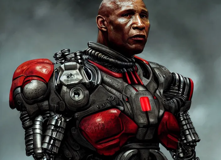 Image similar to tommy lister jr. as victor stone, full body concept, cyborg, borg, strogg, face of a man, terminator, flesh, quake strogg, doom demon, wolfenstein, monstrous, powerful, symmetry, symmetrical, concept art by ruan jia and greg rutkowski