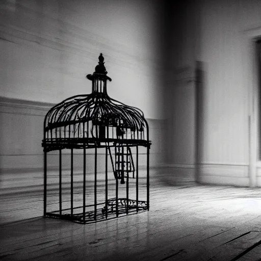 Image similar to a grainy photo of a shadowy figure in a birdcage in an old abandoned hall, black and white, motion blur, long exposure