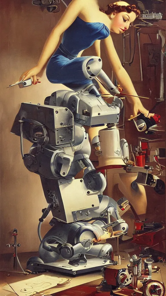 Image similar to robot painting a robot on canvas, intricate, highly detailed, photorealistic, film still, by gil elvgren.