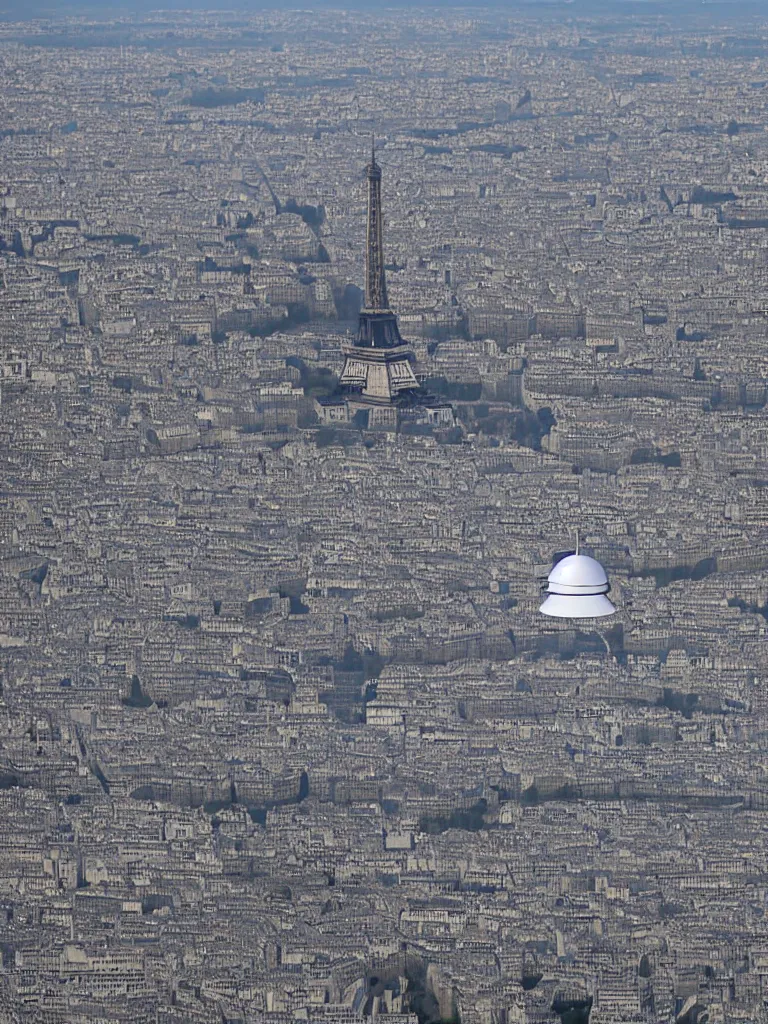 Prompt: ufo flying over paris, on the fly shot