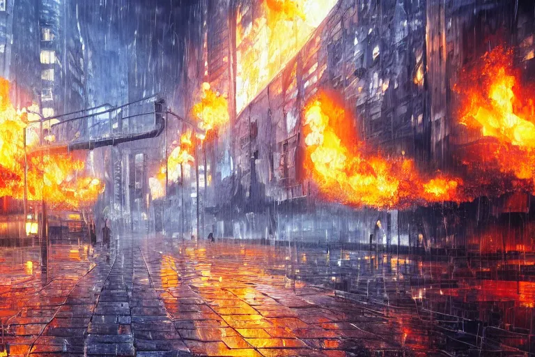 Prompt: oil painting of a lone pigeon in a futuristic city on fire, raining, 4 k, detailed, realistic, gritty