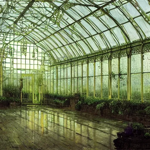 Prompt: a beautiful painting of a large overgrown victorian greenhouse with an eerie green translucent ghost and with large windows, warm lights, evening, stunningly beautiful architecture, by john atkinson grimshaw