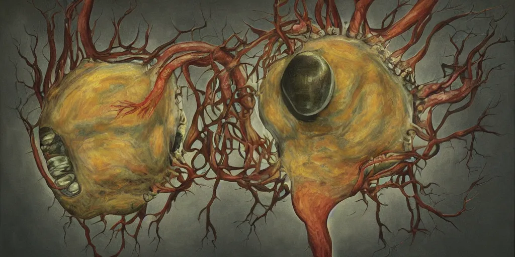 Prompt: surreal painting of giant teratoma tumor in a room