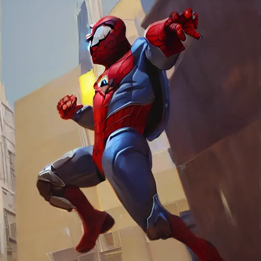 Image similar to greg manchess portrait painting of armored spiderman as overwatch character, medium shot, asymmetrical, profile picture, organic painting, sunny day, matte painting, bold shapes, hard edges, street art, trending on artstation, by huang guangjian, gil elvgren, ruan jia, greg rutkowski, gaston bussiere