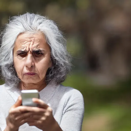 Image similar to astonished and angry middle aged lady looking at smartphone, uncombed hair, greek ethnicity, persian face structure, straight grey hair, angry eyes, photo, realistic, outdoor lighting, 4 k, 8 k, hd, 3 9 mm lens