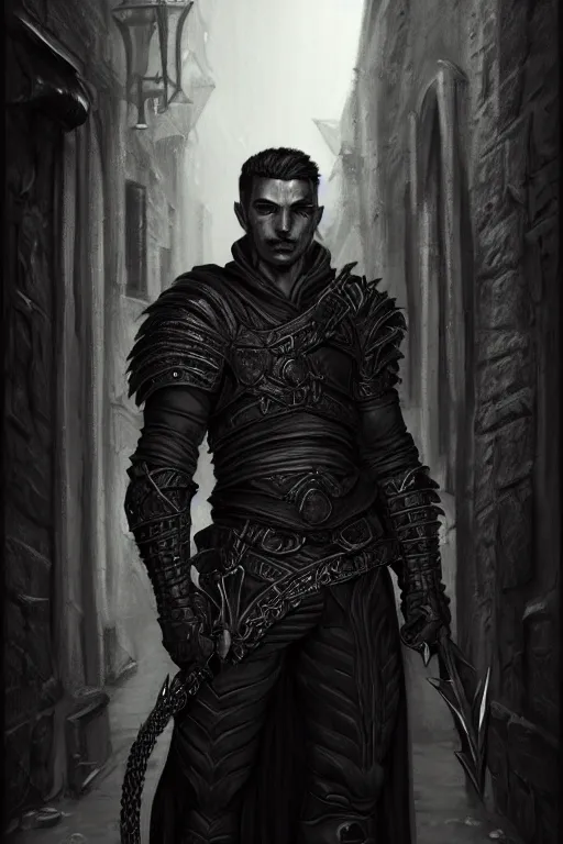 Prompt: portrait of a muscular male thief wearing black leather armor in a dark alleyway, fantasy, intricate, elegant, highly detailed, digital painting, artstation, concept art, matte, sharp focus, illustration, art by aenaluck, epic fantasy, moody, dark mood, digital painting