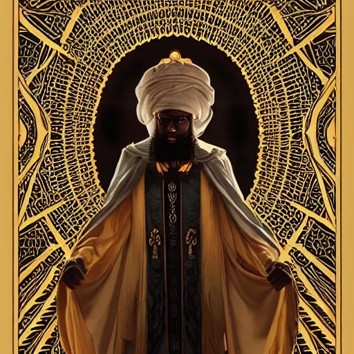 Image similar to symmetry!! an african moor wearing white robes and turban entering the voidspace. ornate, golden, steampunk stargate. front game card. marvel comics. dark. intricate. highly detailed. smooth. artstation. digital illustration by ruan jia, mandy jurgens, artgerm, wayne barlowe, greg rutkowski, and zdislaw beksinsk.