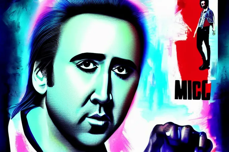 Prompt: young nicolas cage from wild at heart starring in “ miami vice ” movie poster artwork, 4 k digital art, neon, 8 0's style artstation, concept art, smooth, sharp focus, illustration, artgerm