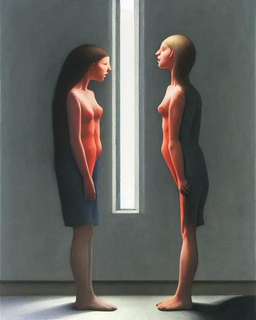 Image similar to twins, sisters, in the void, by the mirror, train station, woman poking tv in her head edward hopper and james gillard, zdislav beksinski, high detail alex colville, otto mueller, stephen conroy, sandro botticelli, andrew newell wyeth, daniel meidman jussi picho octane rendering