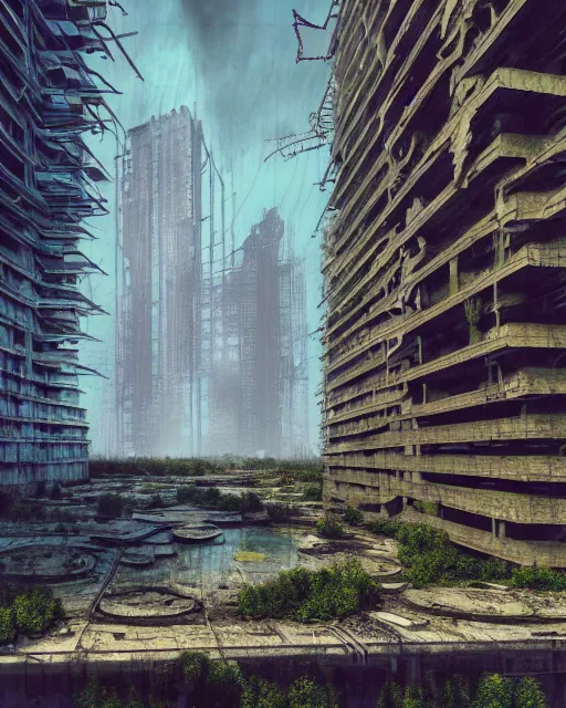 Image similar to a beautiful very detailed rendering of city architecture empire urbex abandoned unfinished building nature building industrial architecture by alvar aalto, fisheye desert matte painting nature lake postcyberpunk otherworldly liberty city biopunk laser, archdaily, wallpaper, highly detailed, trending on artstation.