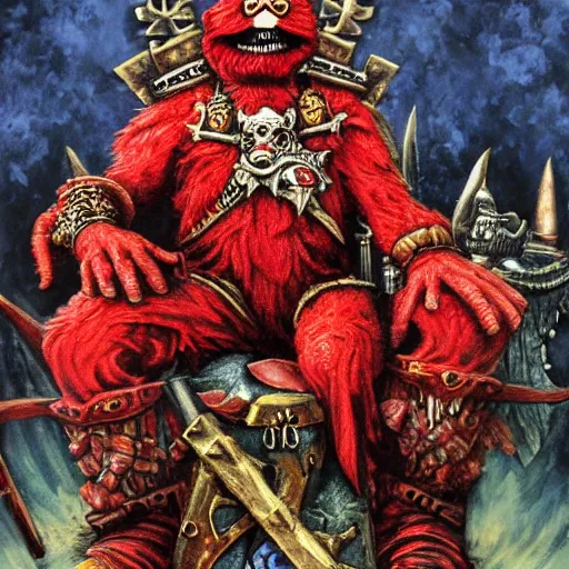 Image similar to Warhammer fantasy painting of Elmo sitting on the Skull Throne surrounded by a lake of blood.