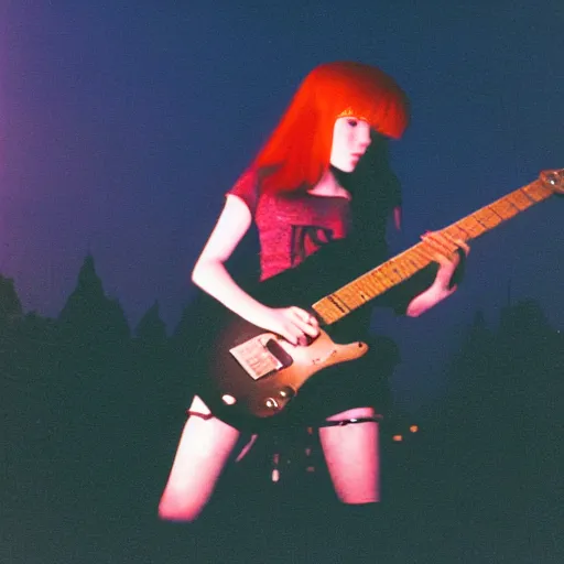 Image similar to high quality photo of a redhead punk girl playing electric guitar at dusk, Agfa Vista 800 film, Leica M9