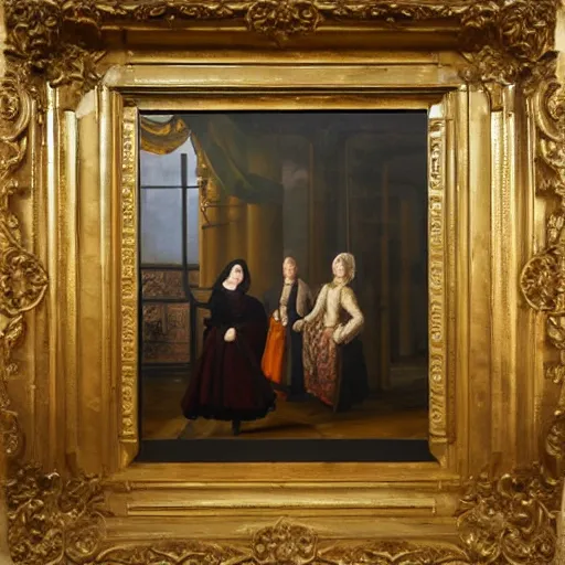 Image similar to oil on canvas painting no frame. two women in a vast castle lobby wearing fine clothes, two men looking at one of her in the distance. dark room with light coming through the right side of the place. baroque style 1 6 5 6. high quality painting, no distortion on subject faces.